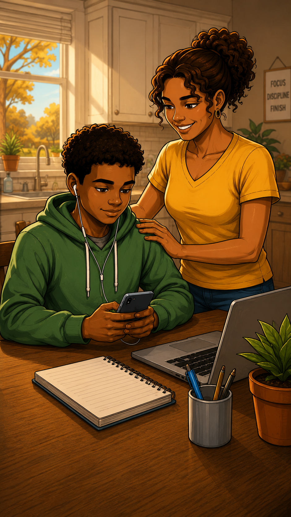 A Texas parent supporting her son through coursework at the kitchen table