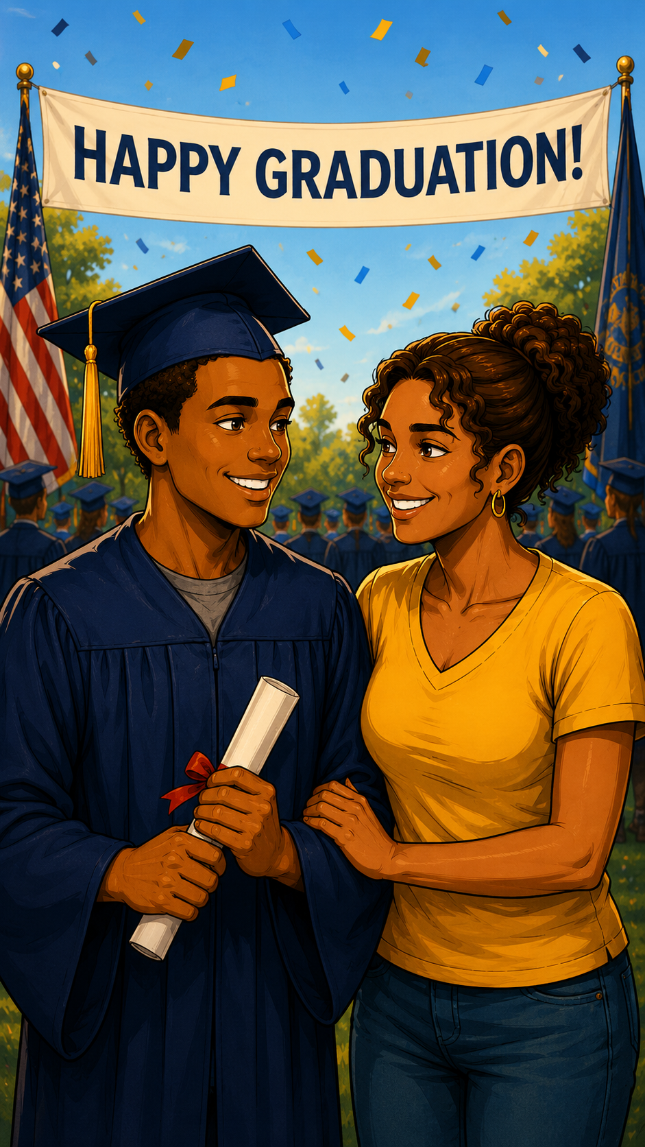 A proud Texas homeschool graduate with his mother on graduation day